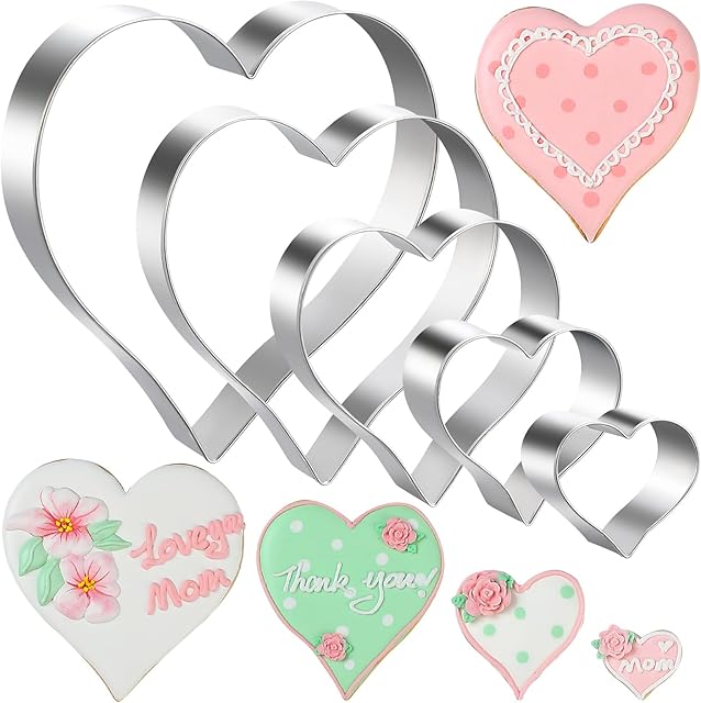 5-Piece Stainless Steel Heart Cookie Cutters Set - Valentine's Day, Birthday, Wedding Baking Tools (1.38" to 4.57") - Dishwasher Safe Fondant & Biscuit Molds