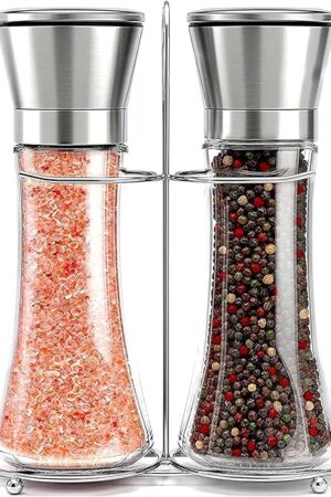 Willow & Everett Salt & Pepper Grinder Set with Stand - Stainless Steel Manual Mills & Holder with Adjustable Coarseness, Refillable Design for Peppercorns & Rock Salt Sold Separately