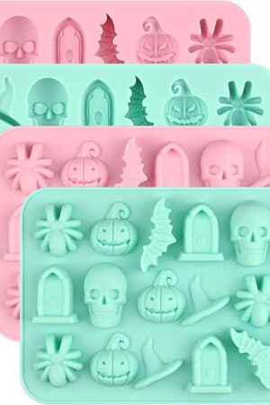 Actvty Halloween Chocolate Silicone Mold, 4 Packs Candy Gummy Molds of 18 Cavity with Skull Pumpkin Ghost Witch Hat Bat Spider Tombstone Shapes for Baking Chocolate Gummy Jelly Dessert