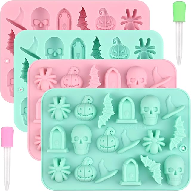 Actvty Halloween Chocolate Silicone Mold, 4 Packs Candy Gummy Molds of 18 Cavity with Skull Pumpkin Ghost Witch Hat Bat Spider Tombstone Shapes for Baking Chocolate Gummy Jelly Dessert