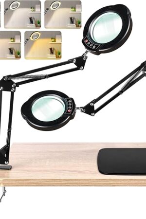 10X Magnifying Glass with Light and Stand, LED Desk Lamp with Base and Clamp, 5 Color Mode, 10 Dimmable Levels, Hands Free for Reading Crafts Jewelry Sewing Close Work