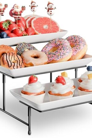 3 Tier Plastic Serving Tray for Party, 11.5" x 5.6" Platters for Serving Food, Microwave-Safe, White Reusable Trays with Black Metal Display Stand for Cupcakes, Sevring Food, Dessert, Fruit, Black