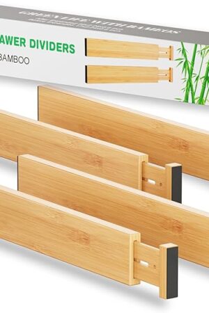 BAMEOS Bamboo Drawer Dividers Utensil Organizers 4-pack for Kitchen Bathroom Bedroom Dresser Office