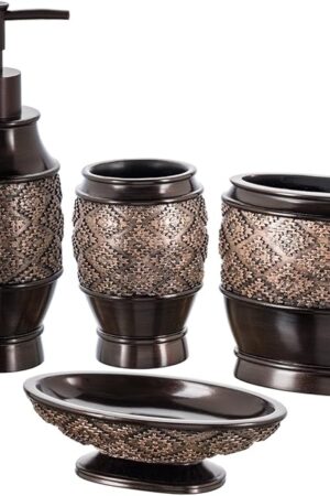 Creative Scents Dublin Brown Bathroom Accessories Set Complete - 4 Pc. Bathroom Sets Accessories, Luxury Bathroom Accessory Set - Soap Dispenser, Soap Dish, Tumbler & Toothbrush Holder Set