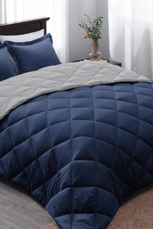 Basic Beyond Queen Comforter Set - Navy Blue Comforter Set Queen Size, Reversible Bed Comforter Queen Set for All Seasons, Navy/Grey, 1 Comforter (88"x92") and 2 Pillow Shams (20"x26"+2")