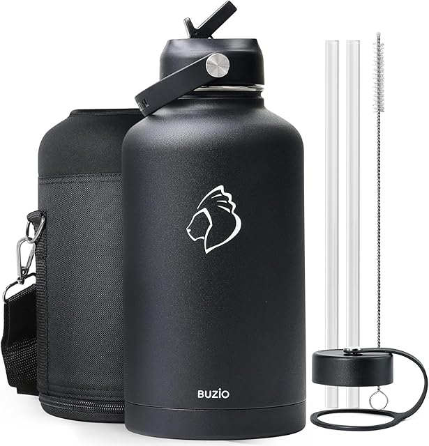 BUZIO Vacuum Insulated Stainless Steel Water Bottle 64oz (Cold for 48 Hrs/Hot for 24 Hrs) BPA Free Double Wall Travel Mug/Flask for Outdoor Sports Hiking, Cycling, Camping, Running