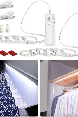 WOBANE Motion Sensor Stair Strip Lights,Rechargeable Motion Activated Closet Light,Battery Powered LED Strip,60 LEDs Homelife Bar for Bed,Pantry,Counter,Night Light,Cabinet,6000K White,6.56ft,2PCS