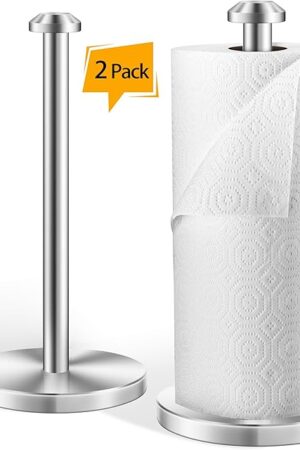 AOSION 2 Piece Stainless Steel Weighted Paper Towel Holder Countertop, Silver Vertical Kitchen Bathroom Paper Towel Holder, with Non-Slip Base