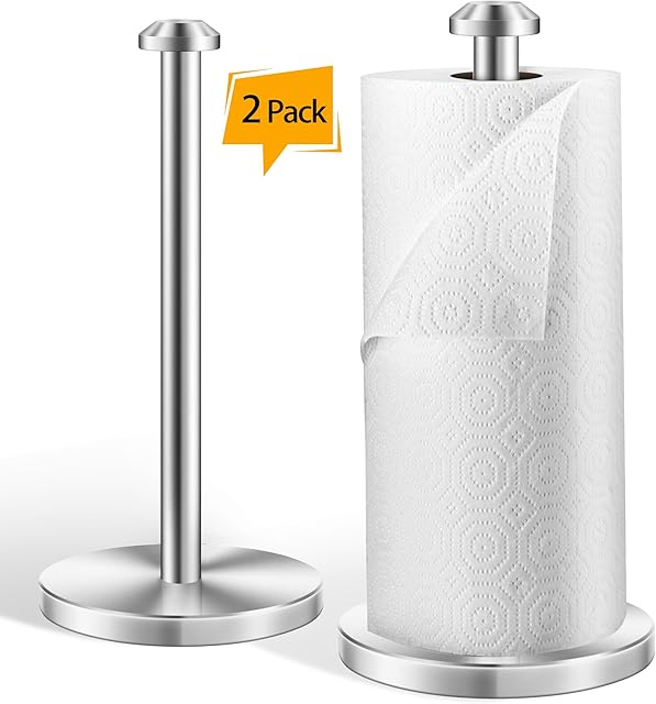 AOSION 2 Piece Stainless Steel Weighted Paper Towel Holder Countertop, Silver Vertical Kitchen Bathroom Paper Towel Holder, with Non-Slip Base