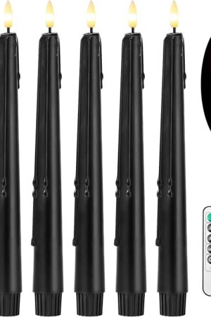 Black Flameless Taper Candles with Remote and Timer - 9.65 Inch Real Wax LED Candlesticks - Wax Drip Battery Operated Halloween Taper Candles with 3D Flickering Flame Halloween Decor, 6 Pack