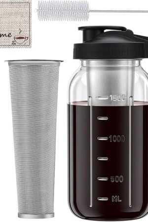 Cold Brew Coffee Maker Pitcher, 64oz Iced Coffee Tea Pitcher for Fridge with Stainless Steel Filter, 1/2 Gallon Glass Mason Jar Cold Brew Maker with Pour Spout Lid, Drying Mat, 2 Brushes, Leak-Proof