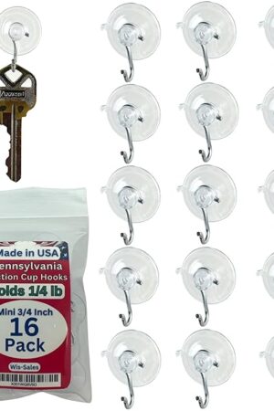 16-Pack Mini 3/4 inch (Made in Pennsylvania) Heavy Duty Suction Cup Hooks for Glass Windows. for Signs Holiday Ornaments Suncatchers (Holds ¼ Pound)