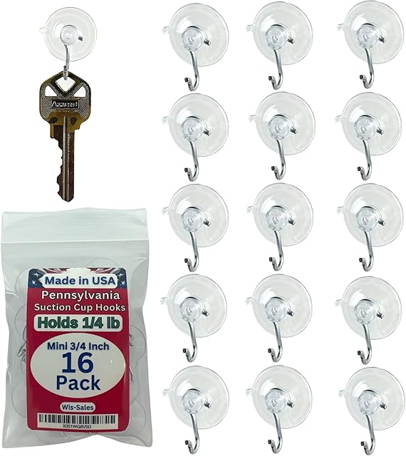 16-Pack Mini 3/4 inch (Made in Pennsylvania) Heavy Duty Suction Cup Hooks for Glass Windows. for Signs Holiday Ornaments Suncatchers (Holds ¼ Pound)