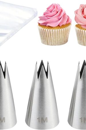 3 Pieces Large 1M Piping Tips, Piping Bags and Tips Set with 20 Disposable Piping Bags for Cake Decorating, Stainless Steel Open Star Piping Tips with Pastry Bags for Cupcakes Icing Frosting