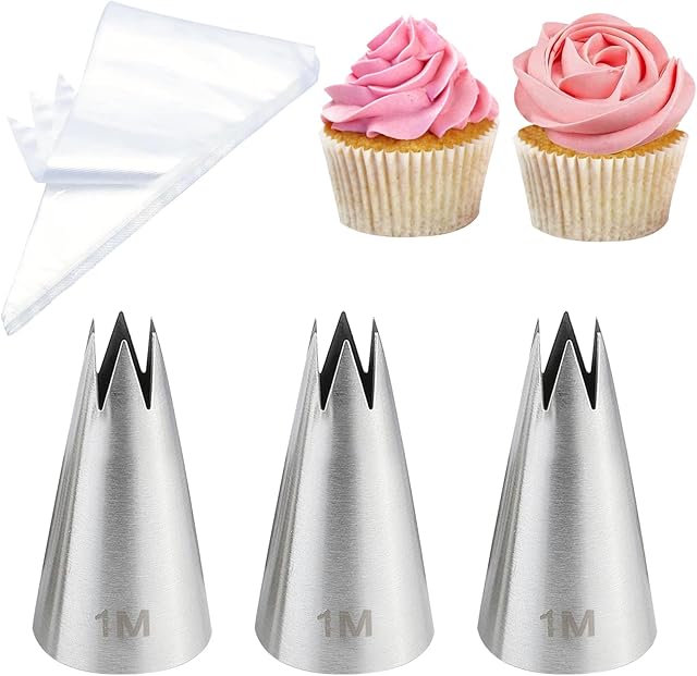 3 Pieces Large 1M Piping Tips, Piping Bags and Tips Set with 20 Disposable Piping Bags for Cake Decorating, Stainless Steel Open Star Piping Tips with Pastry Bags for Cupcakes Icing Frosting