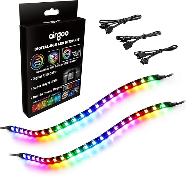 airgoo Addressable RGB PC LED Strip, 13.78 x 0.39 x 0.12 inches Clear Silicone Covering, for 5V 3-pin argb Header or AG-DRGB16 SignalRGB Controller(Not Included), Built-in Magnets, Easy to Install