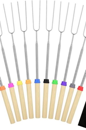 10 Pack Smores Sticks, 32 Inch Marshmallow Roasting Sticks for Fire Pit, Extendable Roasting Skewers with Bag, Hot Dog Fork, Smores Kit for Campfire Camping Essentials
