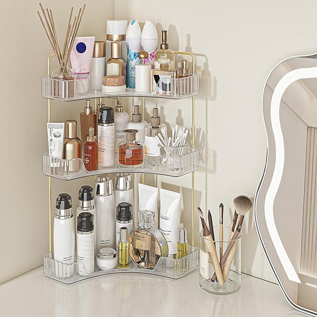 Webetop 3 Tier Corner Bathroom Counter Organizer, Bathroom Countertop Organizers Shelf for Skincare Cosmetic Makeup Organizer, Kitchen Spice Rack Corner Storage