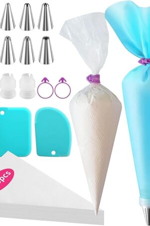 ALLTOP Piping Bags and Tips Set -Ultimate Cake Decorating Supplies Kit - Included 100 Disposable Pastry Bags, 1 Reusable Silicone Bag, 2 Couplers, 12 Frosting Tips, 2 Ties, 3 Icing Scrapers for Baking
