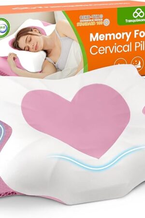 Cervical Neck Pillow for Sleeping, Memory Foam Side Sleeper Pillow, Ergonomic Pillows for Neck Pain Relief, Shoulder Support Pillows for Side Back Stomach Sleepers (Pink, Queen Size)