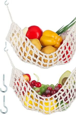 2 Pcs 11.8 x 20 Inch Large Macrame Fruit Hammock Under Cabinet Veggie Banana Hammock Hanging Fruit Basket Saves Counter Space for Kitchen Hand-woven Lace Hanging Basket for Kitchen(Rustic Style)