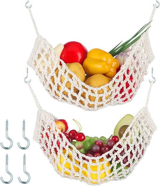 2 Pcs 11.8 x 20 Inch Large Macrame Fruit Hammock Under Cabinet Veggie Banana Hammock Hanging Fruit Basket Saves Counter Space for Kitchen Hand-woven Lace Hanging Basket for Kitchen(Rustic Style)
