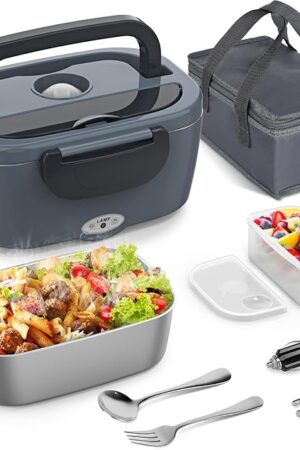 Vingud Electric Lunch Box Food Heater, 3 in 1 Heating Lunch Box for Work/Car/Truck, Heated Lunch Boxes for Adults with 1.5L Stainless Steel Container, 12V 24V 110V (Grey + Black)