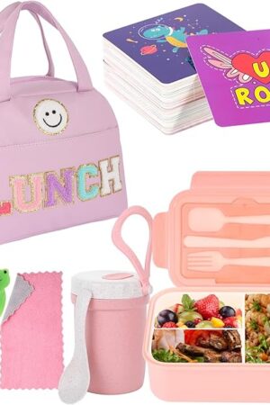 77 Pieces Bento Box Lunch Box Kit Large Pink Insulated Lunch Bag 3 Layer Stackable Leakproof Lunch Box Containers with Cup,Lunch Bag,Spoon,Fork,60 Pieces Lunch Box Notes for Girl Women (Purple)