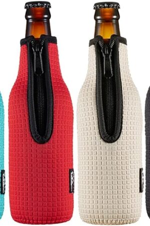 Beer Bottle Sleeve Insulators 12oz 330ml Standard Beer Bottle Cooler Covers Zip-up Bottle Jacket 12OZ Beer Bottle Holder Non-slip Thick Neoprene Sleeves 4PC Pack (Black/Red/Blue/Grey)