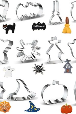 12Pcs Halloween Cookie Cutters Set - Pumpkin Ghost Bat Cat Skull Spider Broom Coffin Zombie Witch's Hat Shapes - Small Stainless Steel Biscuit Cutter Mold