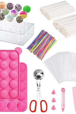 606Pcs Cake Pop Kit,Silicone Lollipop Molds Including Lollipop Sticks,Measuring Cup,Treat Bags,Twist Ties,Decorating Pen,Meat Baller with Handles,Round Mold,Lollipop, Candy,Display Stand Holder(Pink)