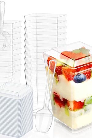 5oz Plastic Dessert Cups with Lids and Spoons, Clear Yogurt Parfait Cups with Lids, Mini Dessert Cups with Spoons, Small Square Appetizer Cups for Fruit Party Pudding Shooter - 20 Pack
