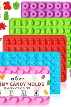 5 Pcs Mini Gummy Candy Molds with 2 Dropper, Silicone Bear Donut Dinosaur Fruit Snack Molds Non-stick and BPA Free Jello Candy Mold for Small Chocolate Gummies