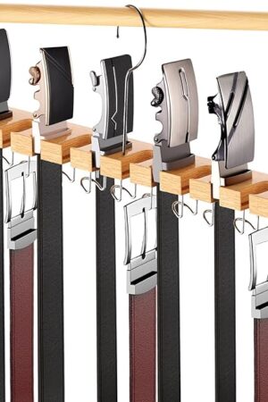 Belt Hanger for Closet Max 42 Belts, 2-in-1 Wall Mount Belt Organizer with 360° Rotating Hooks, Wooden Tie and Belt Rack for Closet Accessories Organizers and Storage, 12+11 Storage