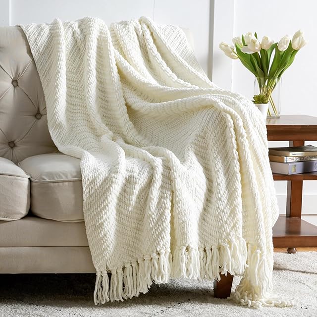 Bedsure Cream Throw Blankets Chenille Ivory 50x60 Inches