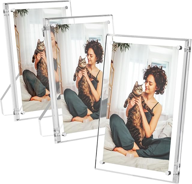 AITEE 5x7 Acrylic Picture Frames 3 Pack, Clear Picture Frames with Stand, Magnetic Frame Lucite Frameless Transparent Floating Gift for Home Desktop Display