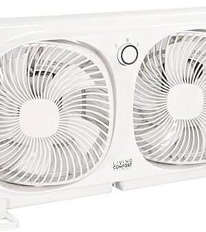 Comfort Zone Living Comfort 9-Inch Twin Window Fan with 2 Speeds & Individually 180° Rotating Fan Heads, Removable Bug Screen – Ideal for Home, Kitchen, Bedroom & Office