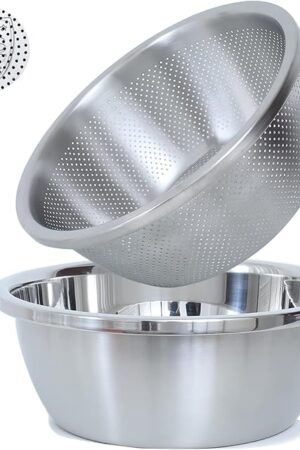 304 Stainless Steel Microporous Colander,2QT Large Capacity with Mixing Bowl For washing vegetables, fruit and rice and for draining cooked pasta(2PC)
