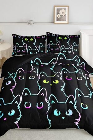 Axolotl Kids Bedding Cartoon Cat Comforter Set Twin Size,Gradient Line Cute Cat Bedding Set for Teens Boys Girls Adults Room Decor,Kids Comforter Set All Season,1 Comforter 2 Pillow Cases,Black