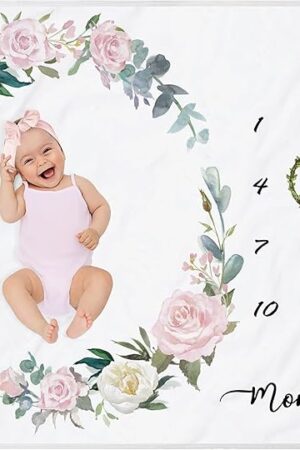 Baby Milestone Blanket Girl Rose Picture Blanket with Wreath and Headband
