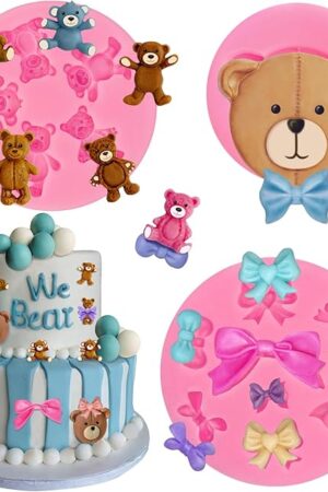 3 Pcs Bear Silicone Mold Fondant Bear Mold Candy Cake Bow Chocolate Molds for Cake Decoration, DIY Desserts, Cupcake, Fondant, Clay, Gum Paste