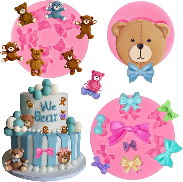 3 Pcs Bear Silicone Mold Fondant Bear Mold Candy Cake Bow Chocolate Molds for Cake Decoration, DIY Desserts, Cupcake, Fondant, Clay, Gum Paste