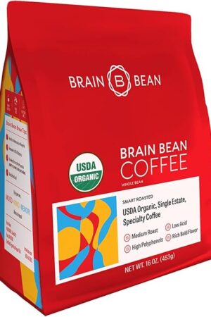 Brain Bean Organic Coffee – Smooth Taste & Rich Medium Roast – High Antioxidant & USDA certified organic for Cognitive Support, Mood Enhancement & Toxin Removal - Whole Bean Coffee – 16 oz (1-Pack)