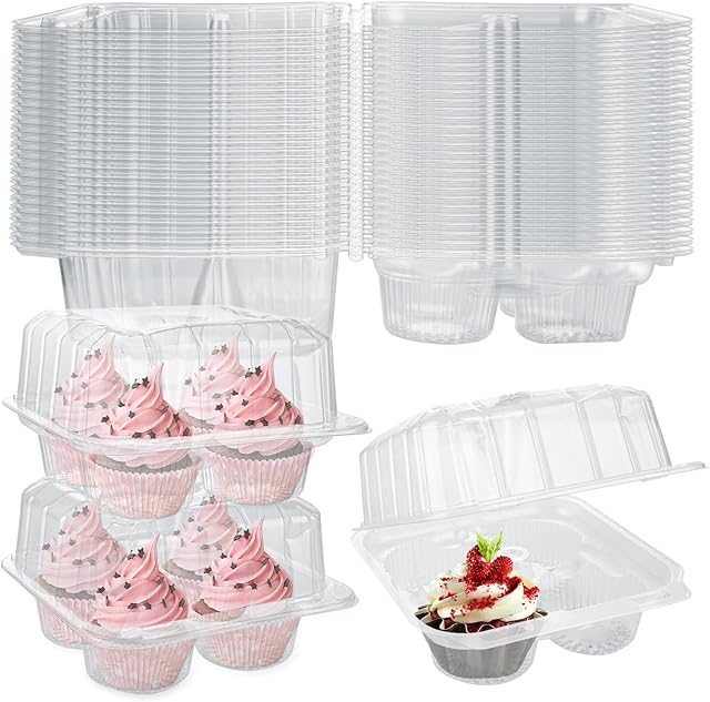 50 Pcs Cupcake Boxes 4 Count, Clear Plastic Cupcake Container Stackable, Deep Cupcake Carrier Holder Box for Carrying Cupcakes