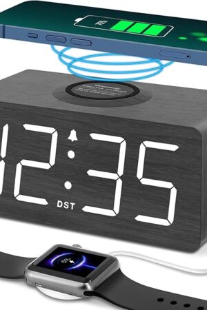 DreamSky Wooden Digital Alarm Clock with Wireless Charging for Bedroom, Bedside Nightstand Clock with Charger Station, USB Port, Large Numbers, Adjustable Volume, Brightness Dimmer, DST