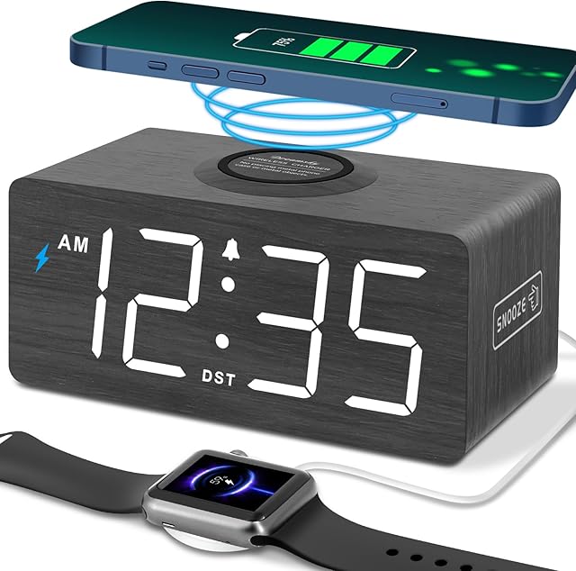 DreamSky Wooden Digital Alarm Clock with Wireless Charging for Bedroom, Bedside Nightstand Clock with Charger Station, USB Port, Large Numbers, Adjustable Volume, Brightness Dimmer, DST