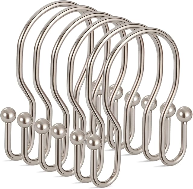24 Pack Double Shower Curtain Hooks Rings, TENOVEL Double Sided Shower Curtain Hooks Rust Proof for Shower Curtain, Stainless Steel Bathroom Shower Hangers Rings for Shower Rods, Brushed Nickel