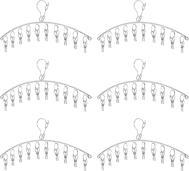 Clothes Hanger with 10 Clips Laundry Drying Rack 6 Pack, Clothes Drying Rack Stainless Steel Sock Hangers Windproof Clip and Drip Hanger for Drying Socks, Bras, Towel, Underwear, Baby Clothes