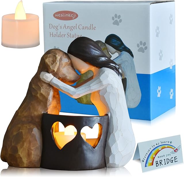 Dog Memorial Gifts,Pet Loss Gifts,Hand-Sculpted Dogs Passing Away Sympathy Gift,Remembrance Gift ,Dog Lovers Candle Holder Statue with LED Candle