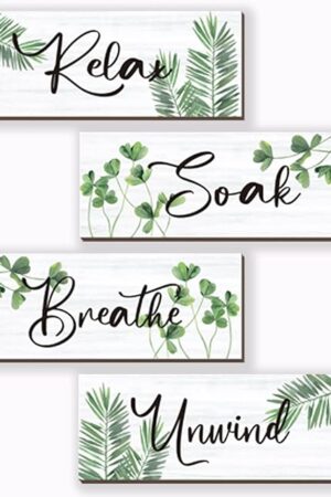 4 Pcs Farmhouse Bathroom Wall Decors Relax Soak Unwind Breathe Wooden Word Sign Green Hanging Wall Art Rustic Office Wall Decor for Bedroom Living Room Vintage Decorations(Green Leaves 10X4 Inch)